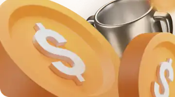 Image featuring large gold coins with dollar signs and a silver trophy in the background, representing the crypto deposit bonus at Money-X Online Casino.